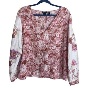 Tahari Linen Long Sleeve Floral Monstera Leaf Button V Neck